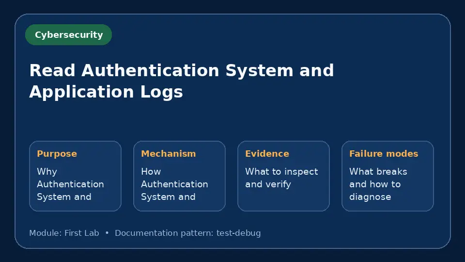 Concept map for Read Authentication System and Application Logs showing purpose, mechanism, verification evidence and failure modes.