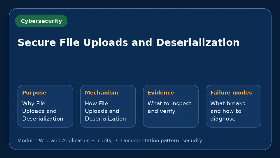 Concept map for Secure File Uploads and Deserialization showing purpose, mechanism, verification evidence and failure modes.