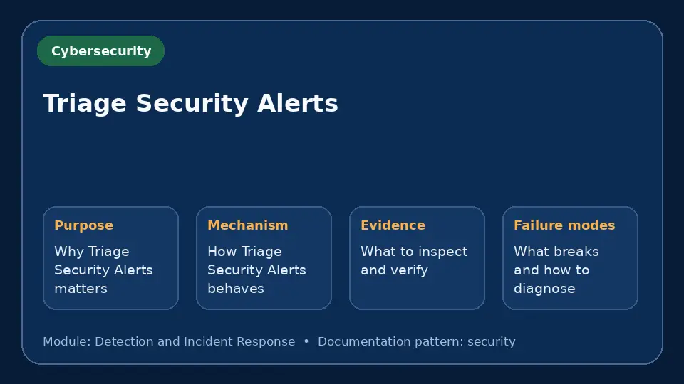Concept map for Triage Security Alerts showing purpose, mechanism, verification evidence and failure modes.