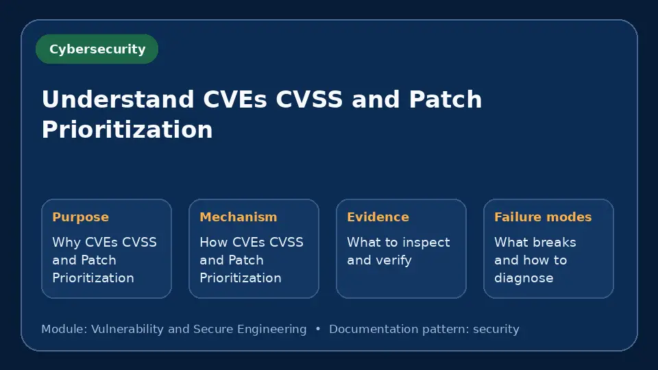 Concept map for Understand CVEs CVSS and Patch Prioritization showing purpose, mechanism, verification evidence and failure modes.