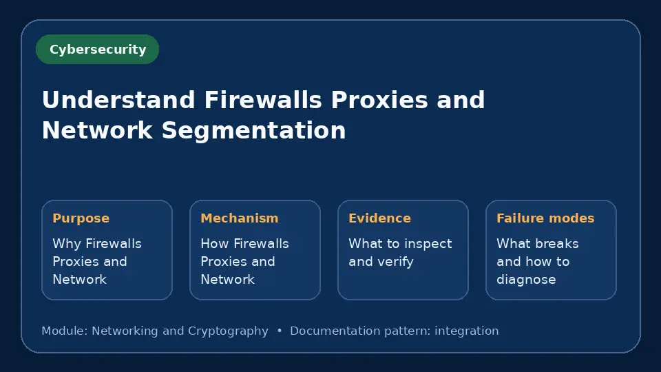 Concept map for Understand Firewalls Proxies and Network Segmentation showing purpose, mechanism, verification evidence and failure modes.