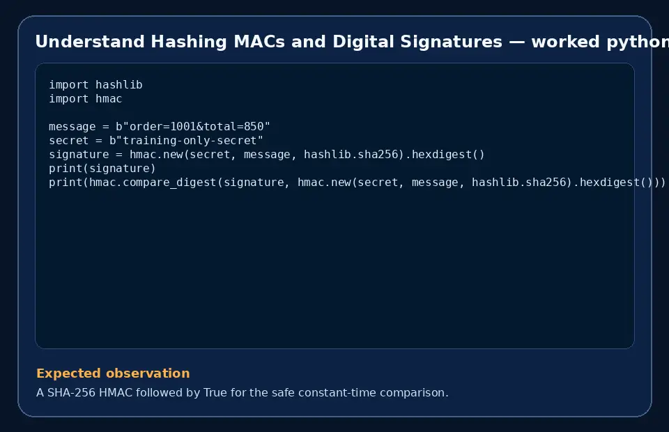 Code example for Understand Hashing MACs and Digital Signatures with the expected observation.