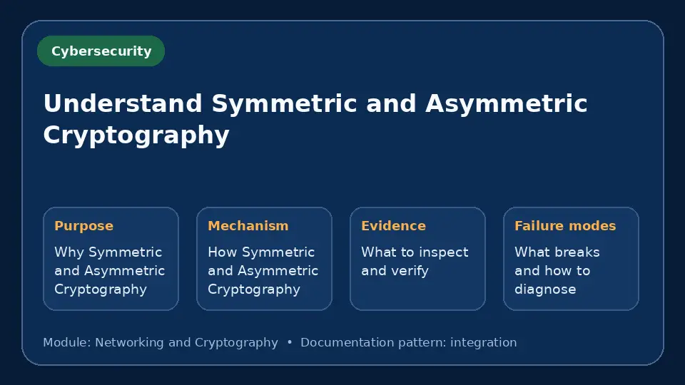 Concept map for Understand Symmetric and Asymmetric Cryptography showing purpose, mechanism, verification evidence and failure modes.
