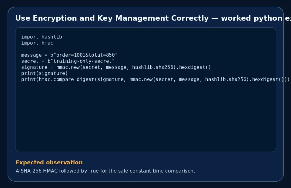 Code example for Use Encryption and Key Management Correctly with the expected observation.