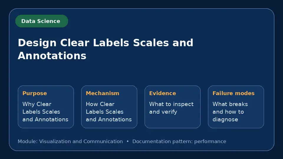 Concept map for Design Clear Labels Scales and Annotations showing purpose, mechanism, verification evidence and failure modes.
