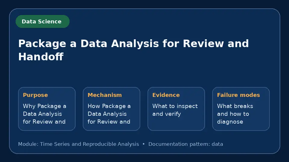 Concept map for Package a Data Analysis for Review and Handoff showing purpose, mechanism, verification evidence and failure modes.