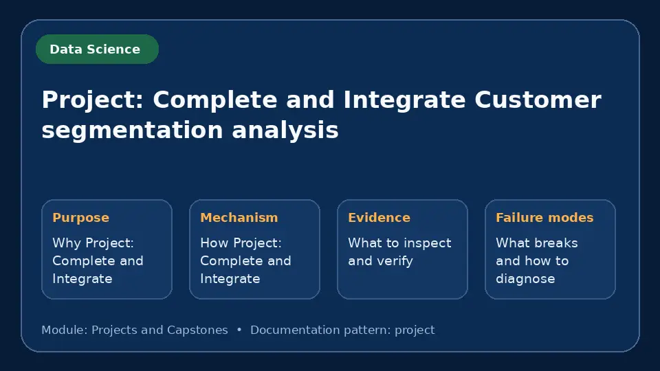 Concept map for Project: Complete and Integrate Customer segmentation analysis showing purpose, mechanism, verification evidence and failure modes.