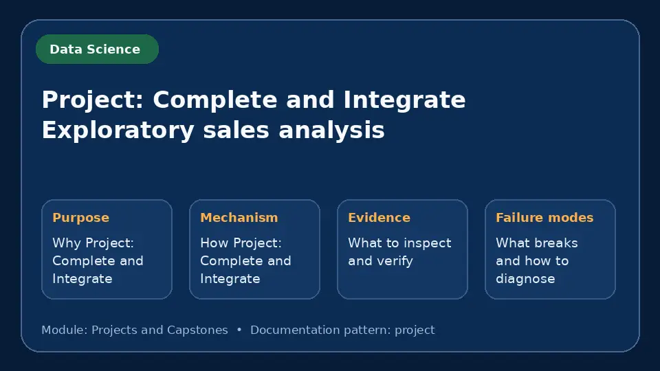 Concept map for Project: Complete and Integrate Exploratory sales analysis showing purpose, mechanism, verification evidence and failure modes.