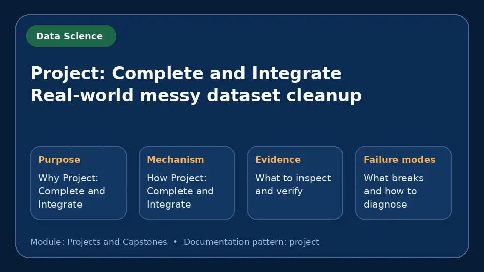 Concept map for Project: Complete and Integrate Real-world messy dataset cleanup showing purpose, mechanism, verification evidence and failure modes.