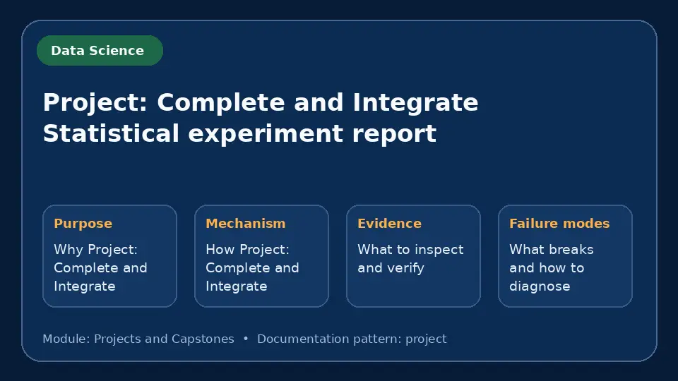 Concept map for Project: Complete and Integrate Statistical experiment report showing purpose, mechanism, verification evidence and failure modes.