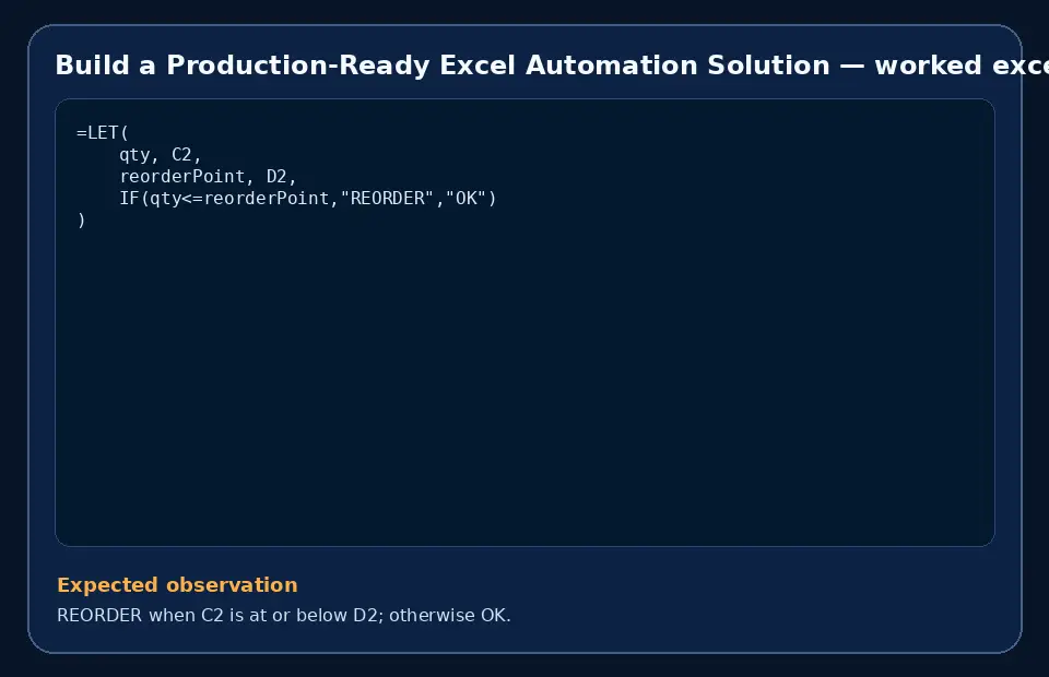 Code example for Build a Production-Ready Excel Automation Solution with the expected observation.