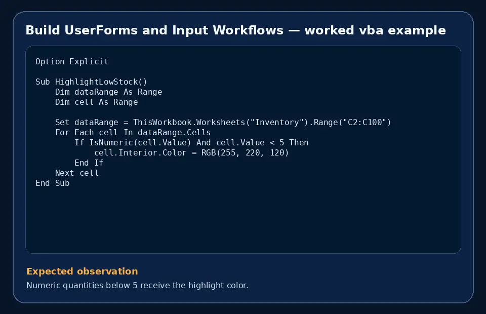 Code example for Build UserForms and Input Workflows with the expected observation.