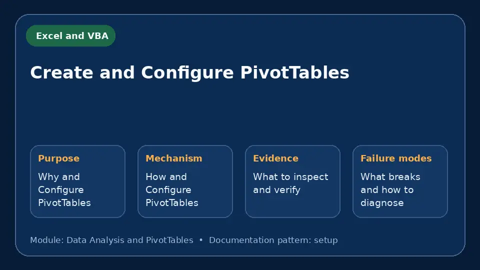 Concept map for Create and Configure PivotTables showing purpose, mechanism, verification evidence and failure modes.