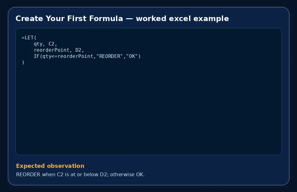 Code example for Create Your First Formula with the expected observation.