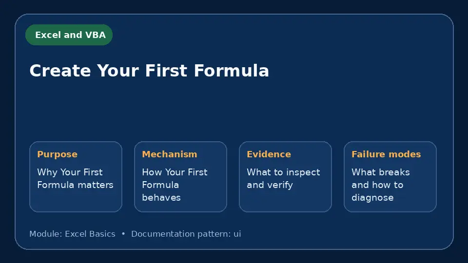 Concept map for Create Your First Formula showing purpose, mechanism, verification evidence and failure modes.