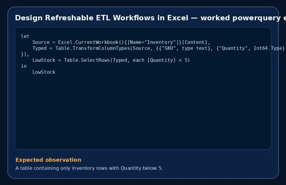 Code example for Design Refreshable ETL Workflows in Excel with the expected observation.