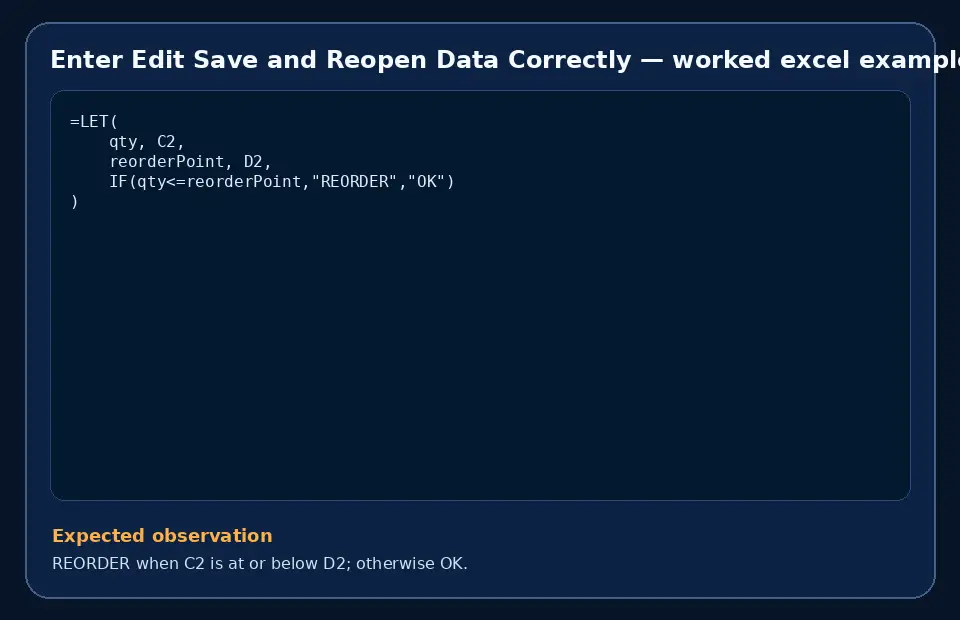 Code example for Enter Edit Save and Reopen Data Correctly with the expected observation.