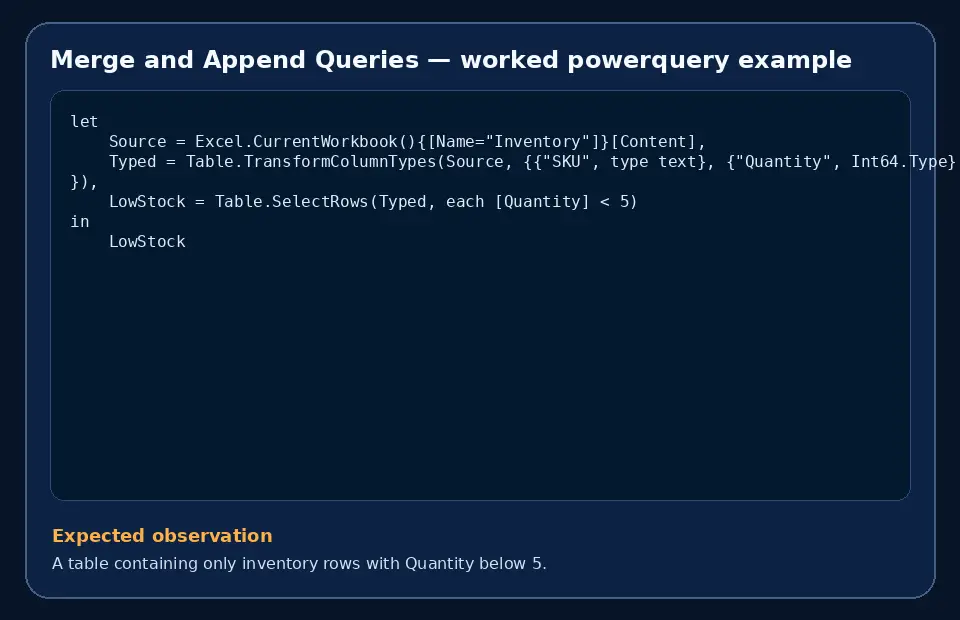 Code example for Merge and Append Queries with the expected observation.