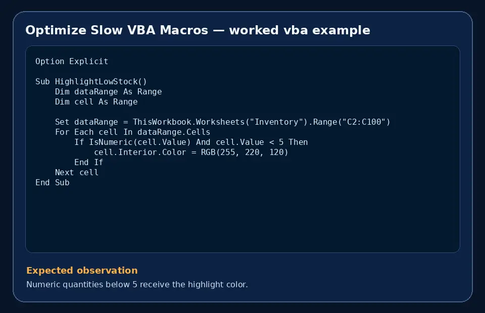 Code example for Optimize Slow VBA Macros with the expected observation.