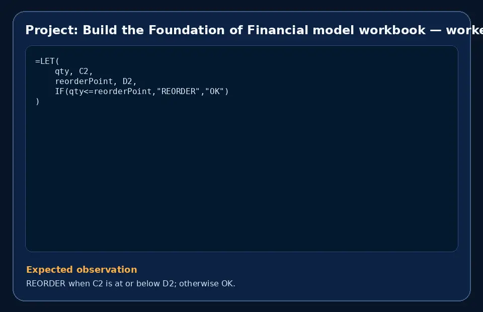 Code example for Project: Build the Foundation of Financial model workbook with the expected observation.