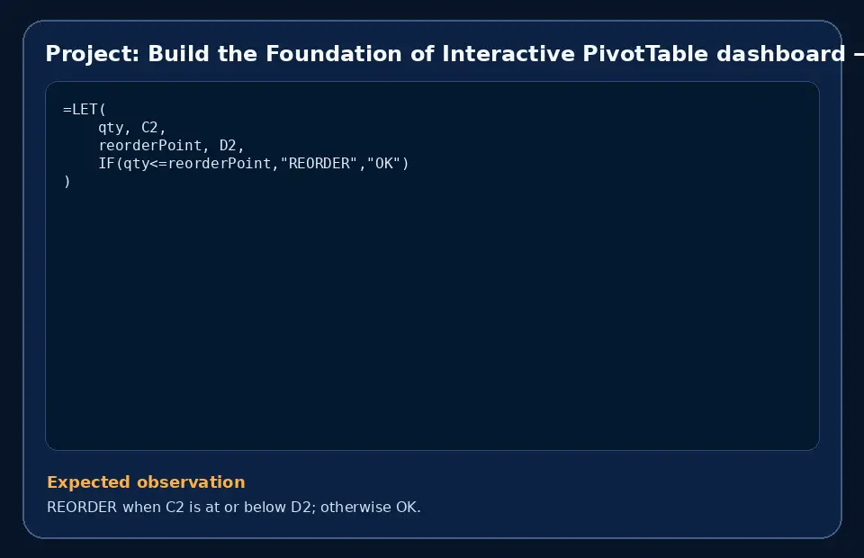 Code example for Project: Build the Foundation of Interactive PivotTable dashboard with the expected observation.