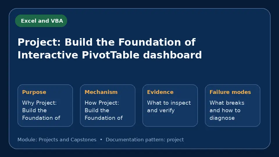 Concept map for Project: Build the Foundation of Interactive PivotTable dashboard showing purpose, mechanism, verification evidence and failure modes.