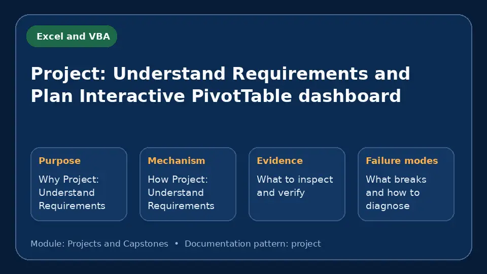Concept map for Project: Understand Requirements and Plan Interactive PivotTable dashboard showing purpose, mechanism, verification evidence and failure modes.