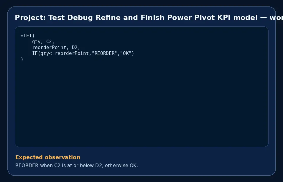 Code example for Project: Test Debug Refine and Finish Power Pivot KPI model with the expected observation.