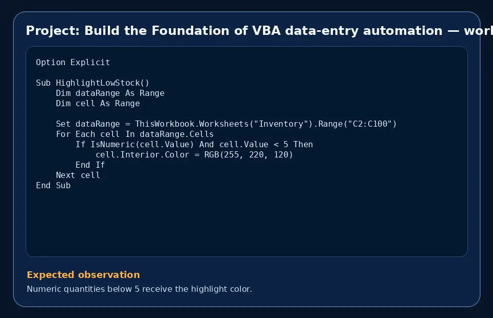 Code example for Project: Build the Foundation of VBA data-entry automation with the expected observation.