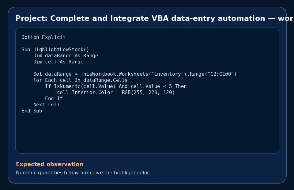 Code example for Project: Complete and Integrate VBA data-entry automation with the expected observation.