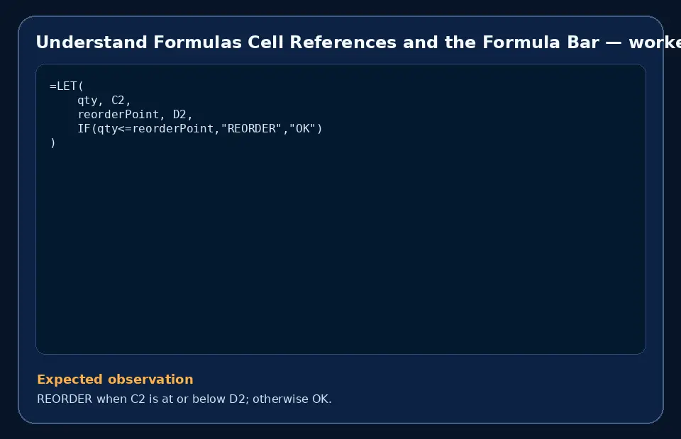 Code example for Understand Formulas Cell References and the Formula Bar with the expected observation.