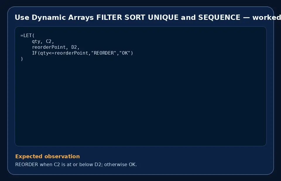 Code example for Use Dynamic Arrays FILTER SORT UNIQUE and SEQUENCE with the expected observation.