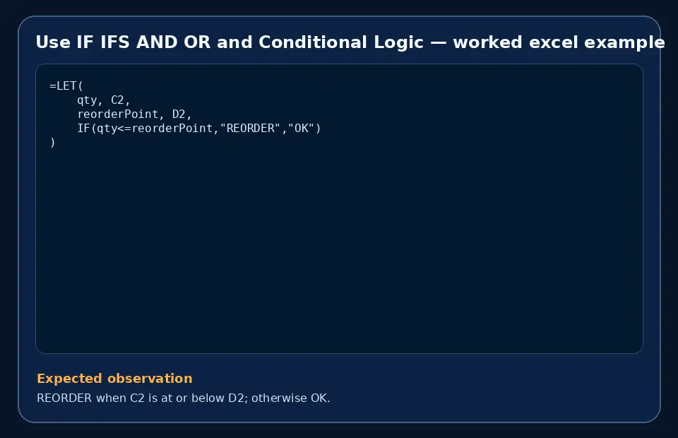 Code example for Use IF IFS AND OR and Conditional Logic with the expected observation.