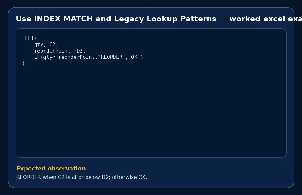 Code example for Use INDEX MATCH and Legacy Lookup Patterns with the expected observation.