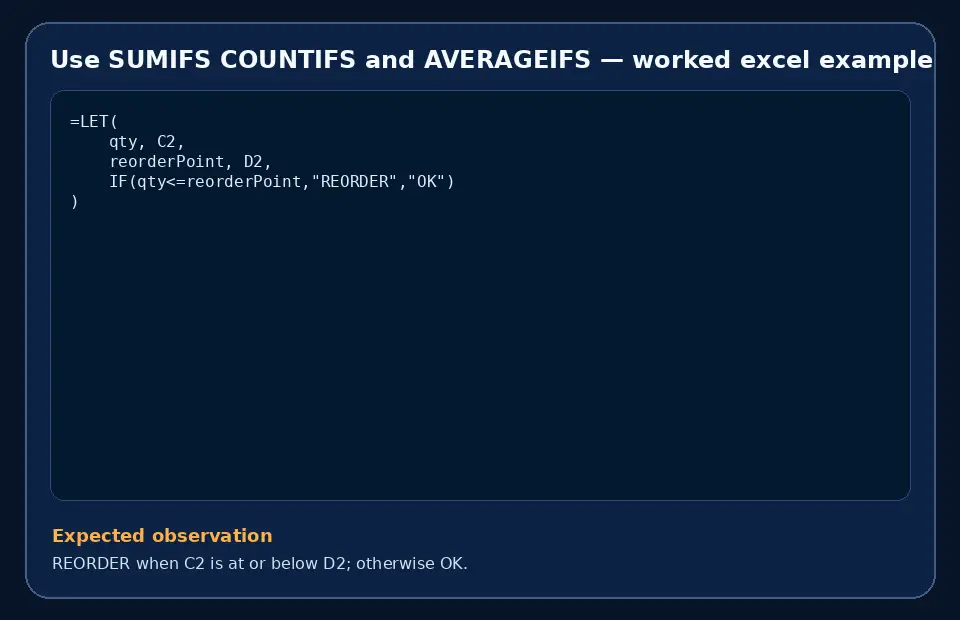 Code example for Use SUMIFS COUNTIFS and AVERAGEIFS with the expected observation.