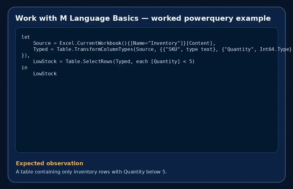 Code example for Work with M Language Basics with the expected observation.
