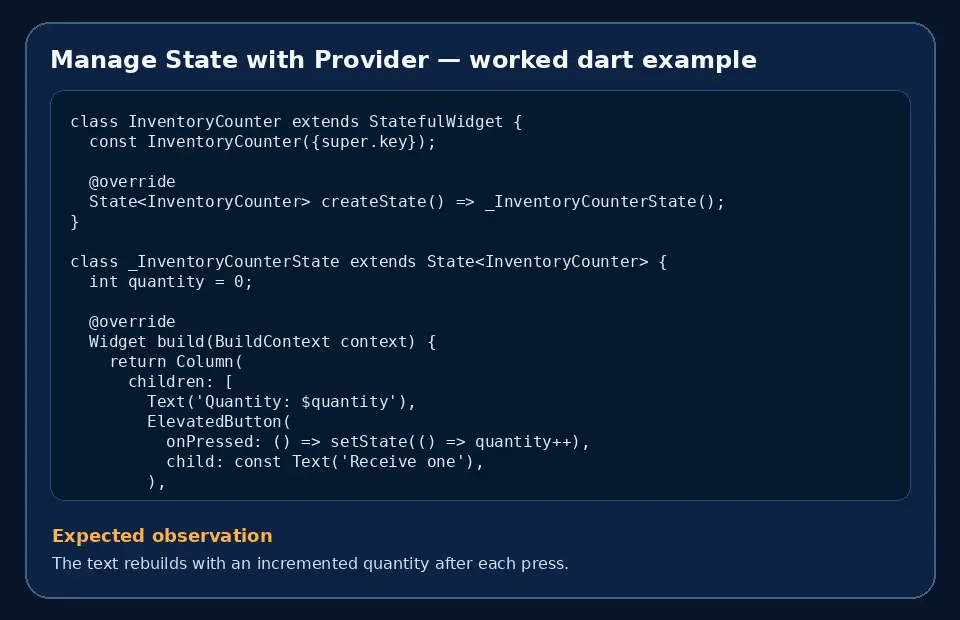 Code example for Manage State with Provider with the expected observation.