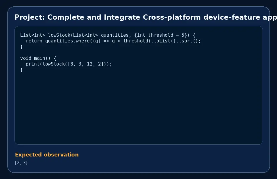 Code example for Project: Complete and Integrate Cross-platform device-feature app with the expected observation.