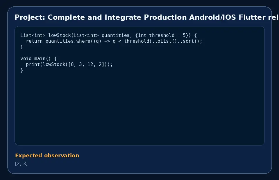 Code example for Project: Complete and Integrate Production Android/iOS Flutter release with the expected observation.