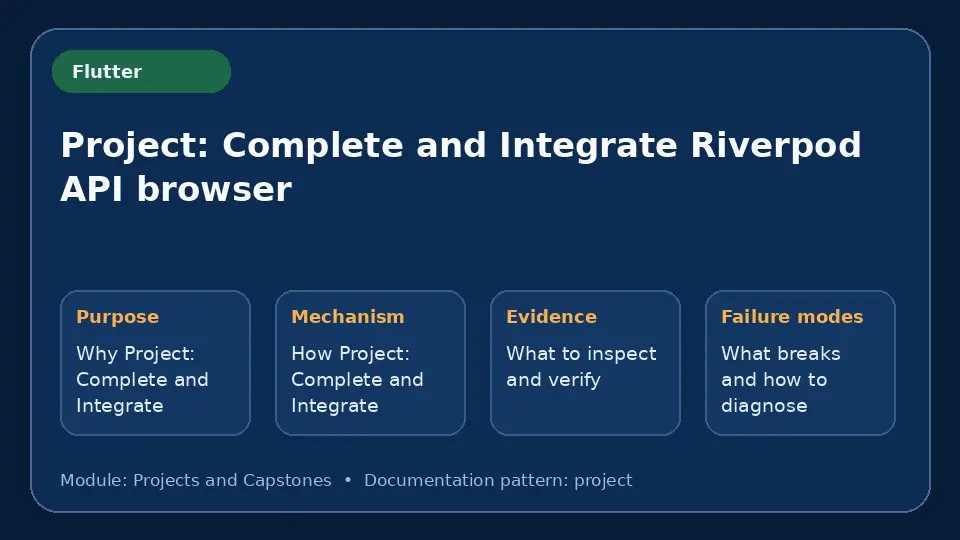 Concept map for Project: Complete and Integrate Riverpod API browser showing purpose, mechanism, verification evidence and failure modes.