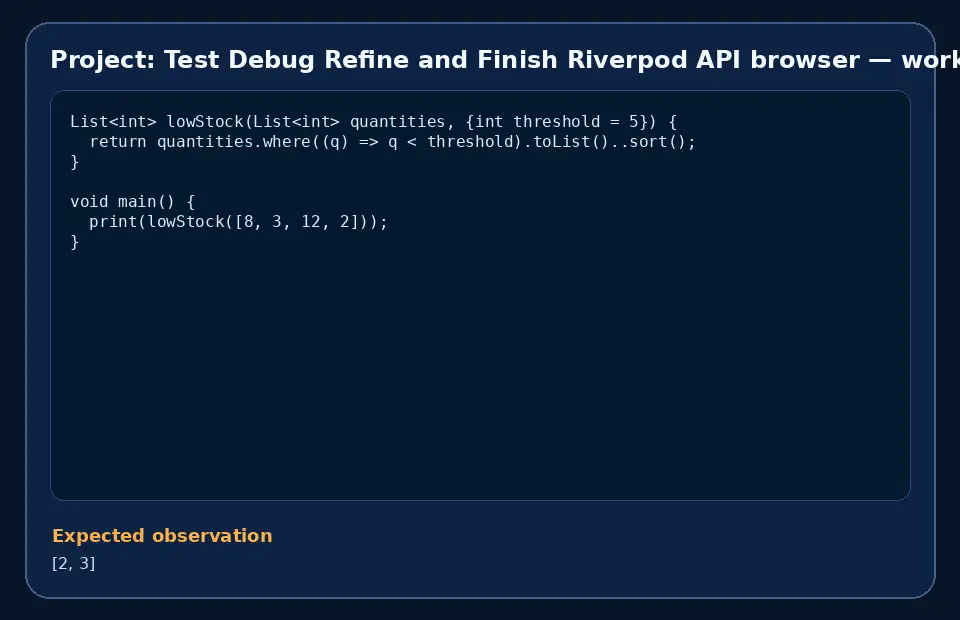 Code example for Project: Test Debug Refine and Finish Riverpod API browser with the expected observation.