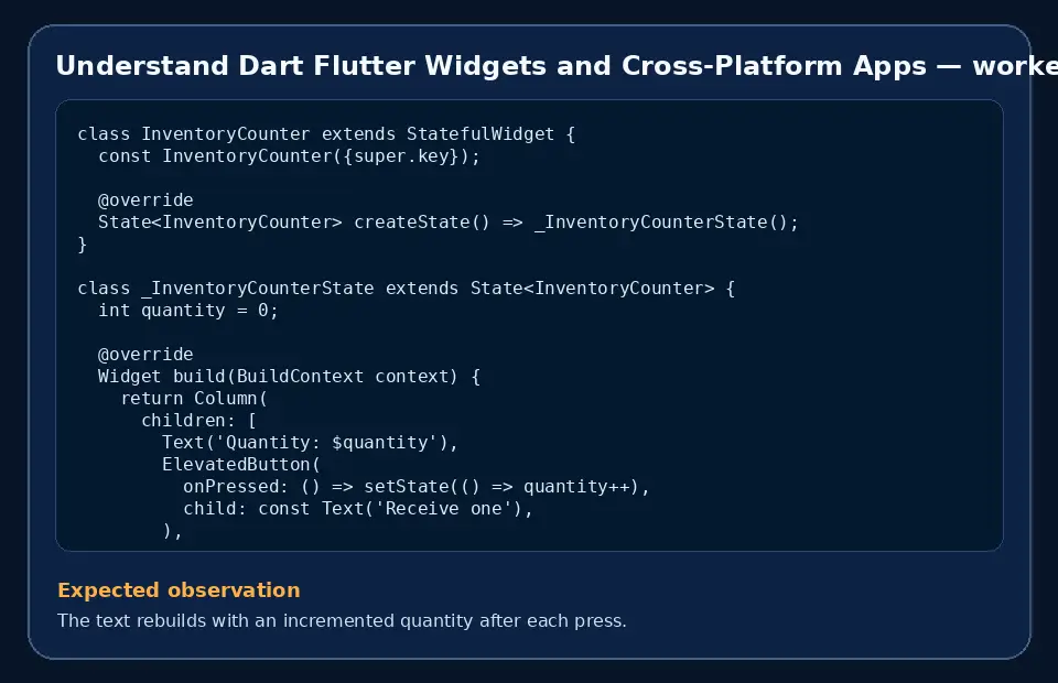 Code example for Understand Dart Flutter Widgets and Cross-Platform Apps with the expected observation.