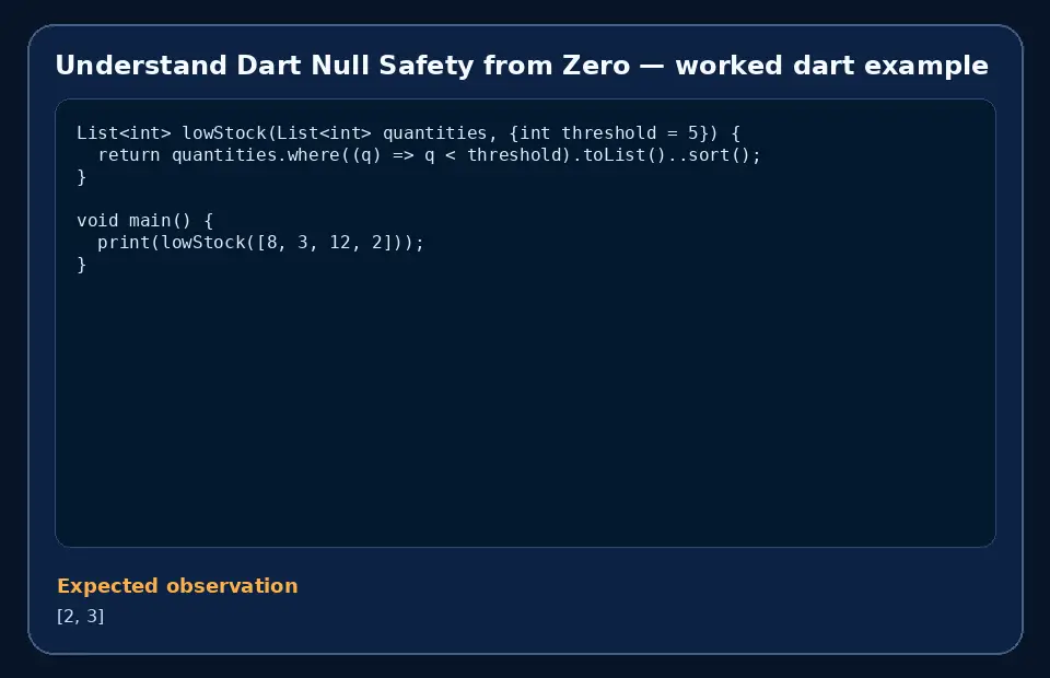Code example for Understand Dart Null Safety from Zero with the expected observation.