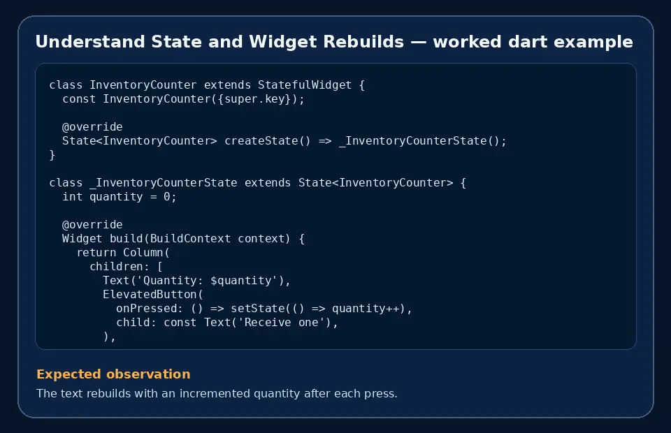 Code example for Understand State and Widget Rebuilds with the expected observation.