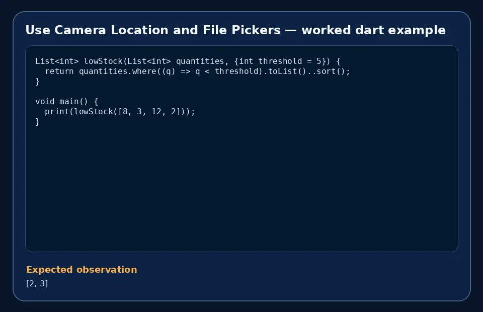 Code example for Use Camera Location and File Pickers with the expected observation.