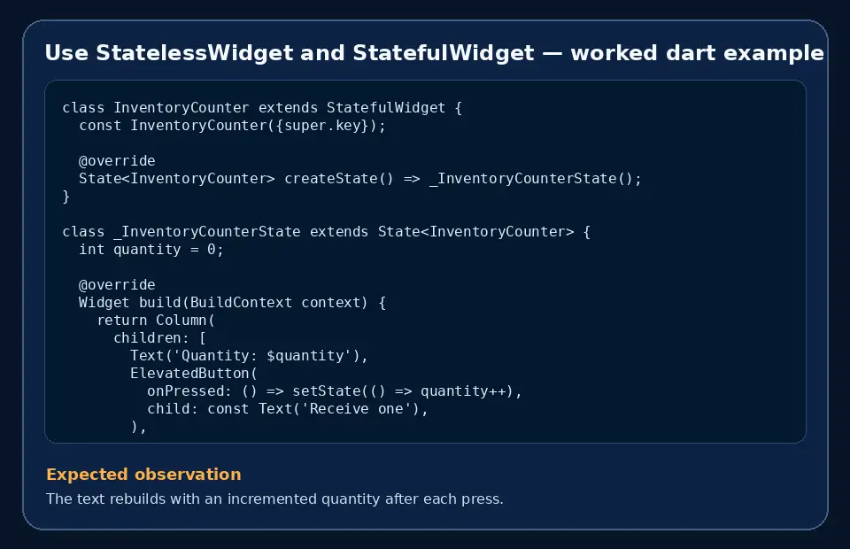 Code example for Use StatelessWidget and StatefulWidget with the expected observation.