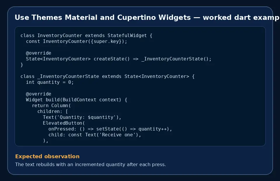 Code example for Use Themes Material and Cupertino Widgets with the expected observation.