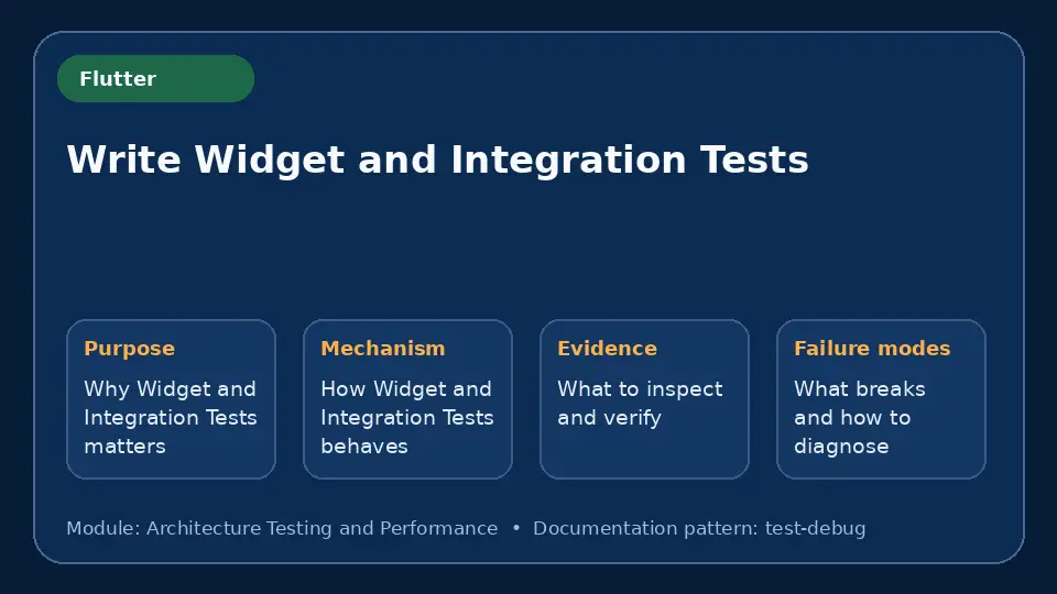 Concept map for Write Widget and Integration Tests showing purpose, mechanism, verification evidence and failure modes.