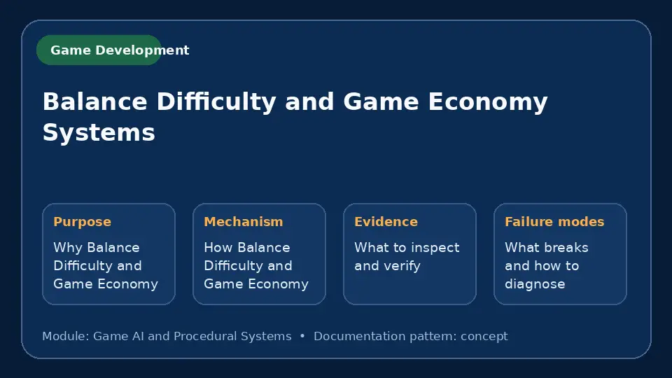 Concept map for Balance Difficulty and Game Economy Systems showing purpose, mechanism, verification evidence and failure modes.