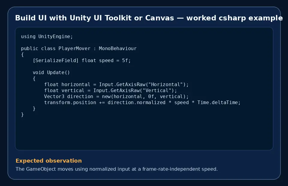 Code example for Build UI with Unity UI Toolkit or Canvas with the expected observation.
